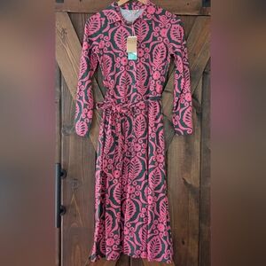 NWT Boden Long Sleeve Dress with Vibrant Pink and Black Leaf Design